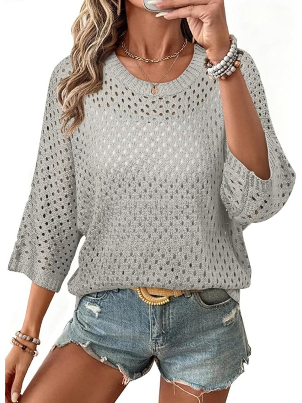 Women's Grey Sweaters Crew Neck Length Sleeve Crochet Tops Knit Beach Cover Ups